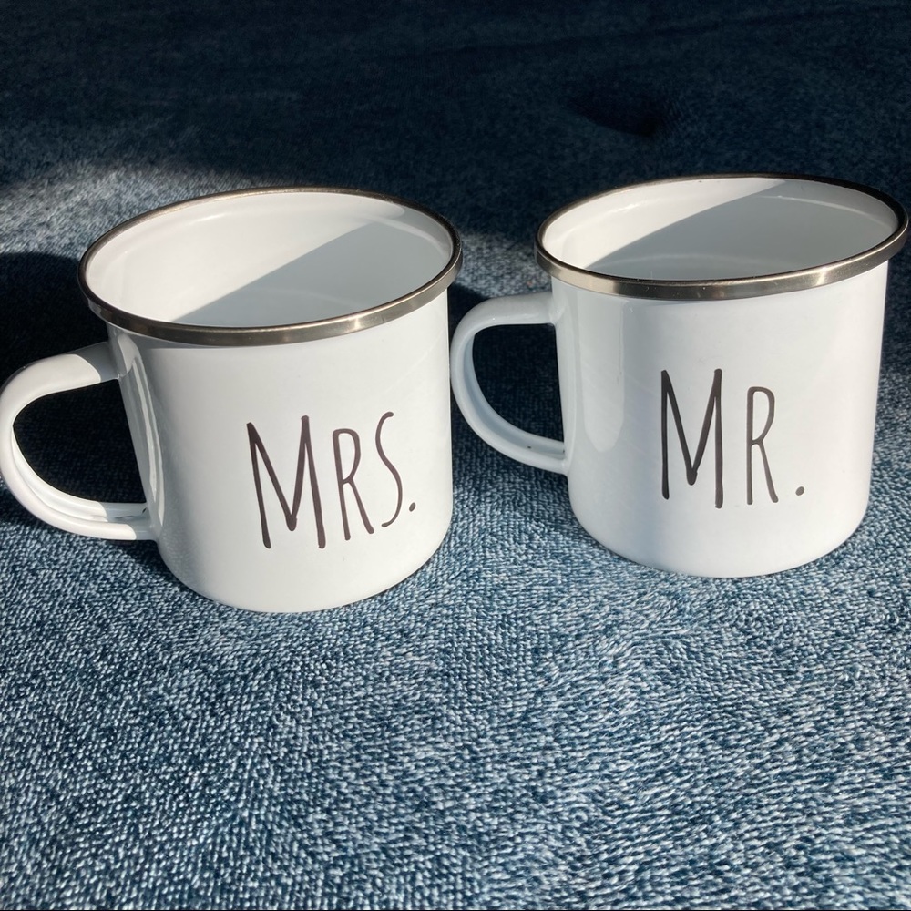 Mr. & Mrs. Tin Mugs in Rae Dunn Font